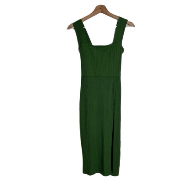 Reformation cassi knit Dress XS Green Ribbed Midi Sleeveless Square Neck slit - Picture 2 of 13